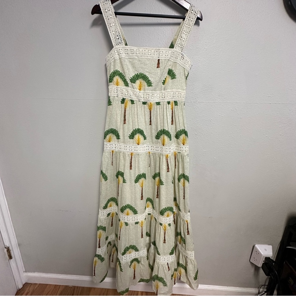 Calypso St Barth Palm Tree Crochet Tier Smock Dress XS Maxi Ruffle Tropical NWT
